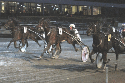 Midt i banen når Come on Hugo med Bent Svendsen målstregen først foran udvendige C D med Birger Jørgensen, mens Commit Boom Bay med Jeppe Rask indvendigt er i galop. Foto Martin Timm Holmstav