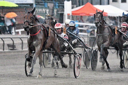Heyhhereshegoes, der er lillesøster til derby-toeren Arin the Baron, vandt sin fjerde sejr i træk med Nicolaj Andersen - i den styrtregn der kom lige efter Derbyet. Foto Lasse Jespersen,.