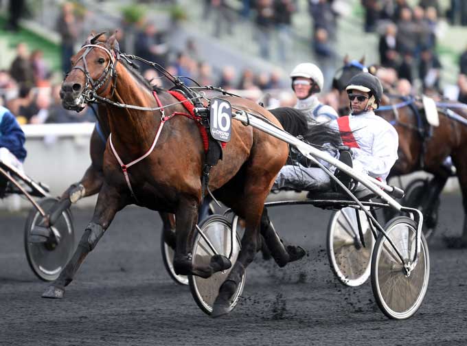 Tiego d'Etang med Charles Julien Bigeon vinder sikkert det første testløb til Prix d'Amerique. Foto Gerard Forni