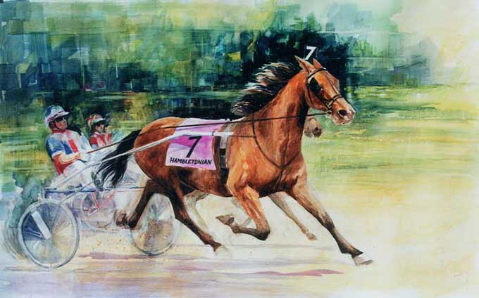 Den amreikanske kunstner Rebecca Pearl har malet dette maleri af Windylane Hanover ved sejren i Hambletonian Oaks.