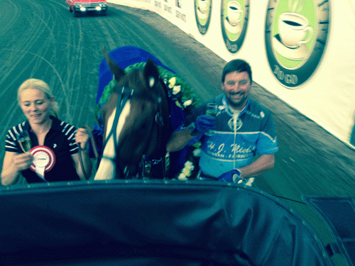 Axel på æresrunde flankeret af Ellen Piltoft og Henrik Lønborg. Foto taget af opdrætteren Preben Sørensen