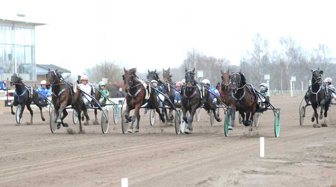 Indvendigt vinder Dreams Take Time med Johnny Takter Gulddivisionen. Udvendigt tager Obi Wan med Flemming Jensen andenpladsen, mens Montgomery Hill med Kenneth Haugstad midt i banen bliver nummer tre. Foto Kanal 75