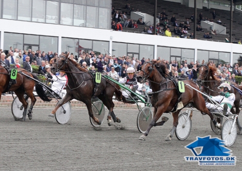 Det tætteopløb, hvor Nok'en Frækkert akkurat vinder foran Rebus, som er så langt ude i banen, at dne ikke kommer med på fotoet. Det er derimod tredjehesten Ophoto Brogård.